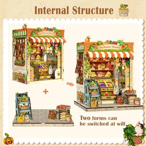 CUTEBEE Book Nook Kit - DIY Miniature House Dollhouse Kit for Adults, Booknook Tiny House Bookshelf Decor 3D Wooden Puzzle Model Building Set, Gifts for Family and Friends (The Greens’ Grocery) - Image 4