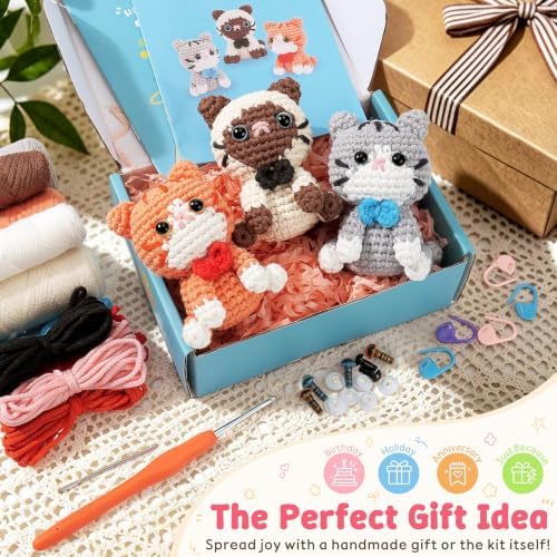 Fortuning's JDS Crochet Kit for Beginners, 3 Cat Crochet Animal Kit Starter - Image 7