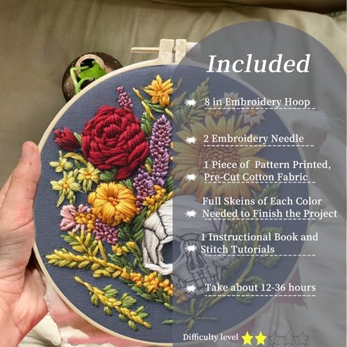 FONNUY Floral Embroidery Kit for Beginners, Colorful Flowers Pre-Stamped Pattern Kits for Adults with Hoop, Thread Needlework, 8'' Hoop (Skull) - Image 2