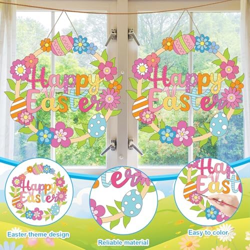 Sereliy 24 Pcs Easter Coloring Wreath Crafts, Color Your Own Easter Crafts, DIY Paper Eggs Wreath for Home Activities Games. (Egg.24PCS) - Image 3