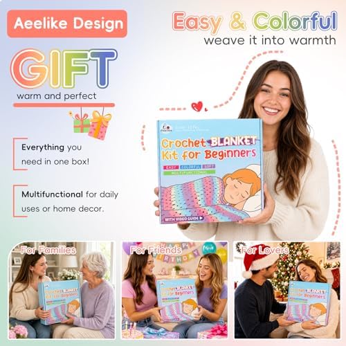 Aeelike Crochet Blanket Kit for Beginner, Easy Blanket Crochet Kit, Rainbow - Image 6