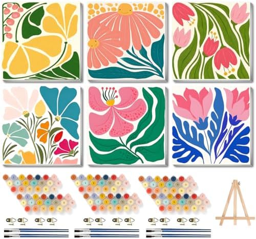 Canrichshop 6P Flowers Paint by Numbers Kit for Adults & Kids Ages 4+ Framed-with Wooden Easel,Easy DIY Flower Oil Painting on Canvas,Acrylic Paint by Number Beginner with Frame for Decor 8x8inch by Canrichshop