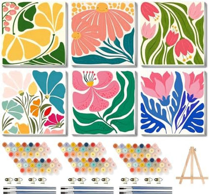 Canrichshop 6P Flowers Paint by Numbers Kit for Adults & Kids Ages 4+ Framed-with Wooden Easel,Easy DIY Flower Oil Painting on Canvas,Acrylic Paint by Number Beginner with Frame for Decor 8x8inch by Canrichshop