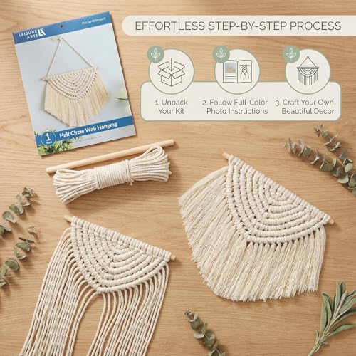 LEISURE ARTS Macrame Half Circle Wall Hanging Kit, Beginner Macrame Kit with Wooden Dowel Cord and Instructions, Diagonal Half Stitch Lark Head Knots, Natural Finish Fringe Tassel - Image 6