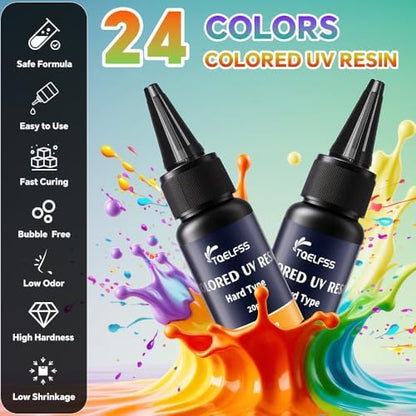 UV Resin, 24 Colors UV Curable Hard Resins, Colored & Fast Curing&Odorless and Clear UV Resins kit for Crafts, Jewelry Making, Colored Resin Casting and Coating (20g/0.68oz Each) - Image 3