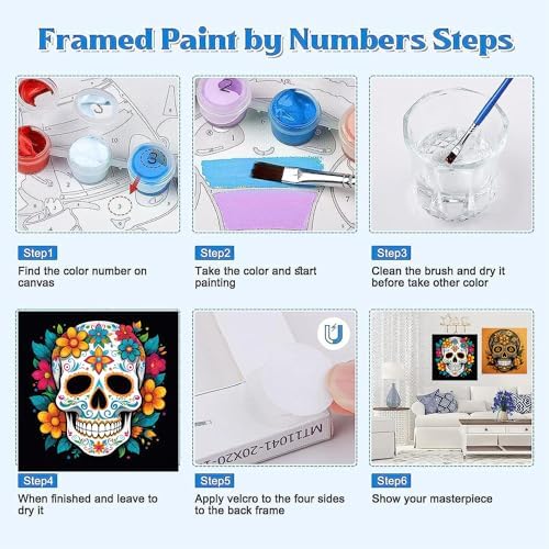 KYOQFVN Skull Paint by Numbers Kit for Adults - 2 Pack Halloween Number Painting for Adults - Acrylic Easy Horror Skeleton Painting by Numbers with Frame - Adult Paint by Number Kits 8x8inch - Image 4
