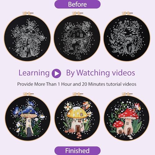 Uniartfy 3 Sets Embroidery Kit for Adults Beginners, Needlepoint Kits Cross Stitch, Hand Embroidery Starter Kit with Mushroom Stamped Patterns, Hoop, Tools, Colorful Threads with Needles, Instructions - Image 4