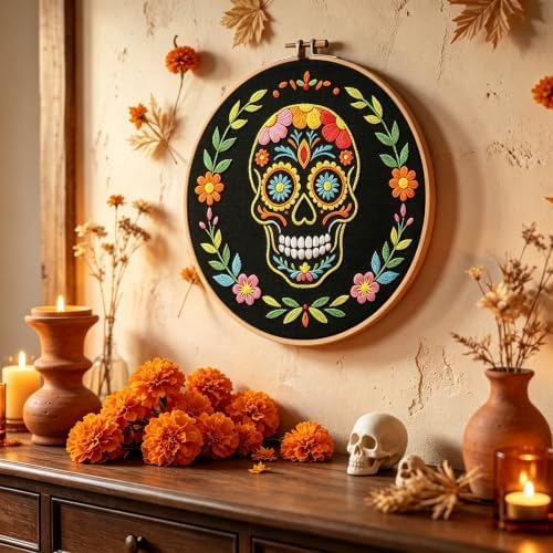 Nuberlic Sugar Skull Embroidery Kit for Beginners Adults Stamped Needlework - Image 4