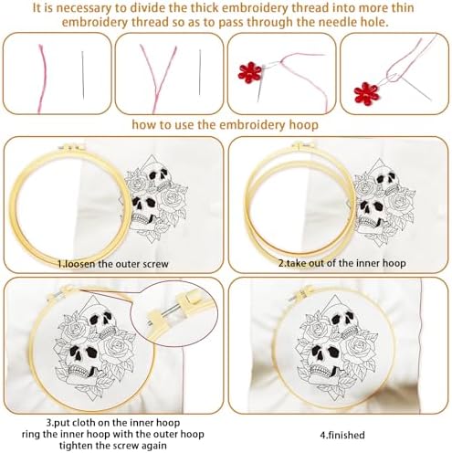 BEUNITONE 4 Set Halloween Skull Embroidery Kit for Beginners Include Hoops - Image 3