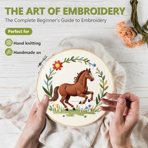 Santune 3 Pack Embroidery Kit Cross Stitch Needlepoint Kits for Beginners Adult Needle Point Sets with Mushroom & Horse Embroidery Patterns, Includes Step-By-Step Instructions & Accessories - Image 2