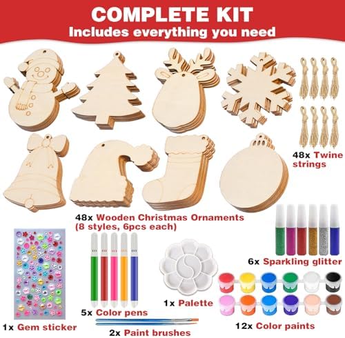 Christmas Craft Painting Kits, 48pcs Wooden Christmas Ornaments, Unfinished Paintable Blank Wood Slice with 8 Styles & Crafts Making Supplies, DIY Xmas Tree Decor Art Activity for Family Fun - Image 5