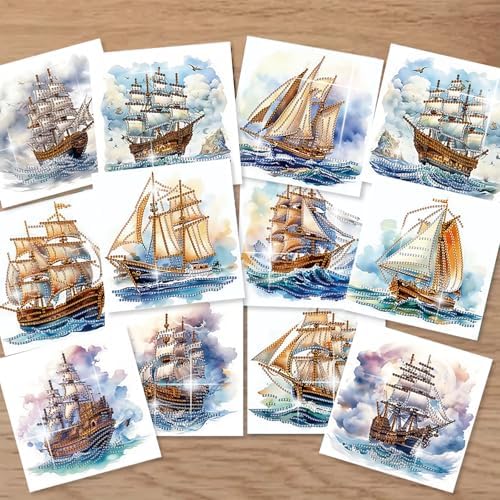 12 Pack Diamond Painting Greeting Cards Kit with Envelopes, 5D DIY Sailing Ship Nautical Ocean Diamond Art Cards, Fathers Day Birthday Cards for Men Him Dad Adults - Image 3