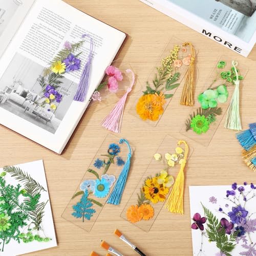 Maitys 250 Pcs Dried Flower Bookmark Making Kit Adult DIY Pressed Flower Transparent Bookmark Craft 50 2x6in Acrylic Blank 50 Tassel 50 Brush 100 Dried Floral Project Party Gift for Adults Reader - Image 6