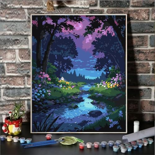 Lovepefe Forest Rivulet Paint By Numbers Kit for Adults, Paint by Number Kits for Beginner Acrylic On Canvas Forest Night Oil Painting Kit Adults Kits for Gift Home Wall Decor 16x20 Inch - Image 2