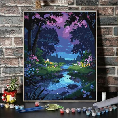 Lovepefe Forest Rivulet Paint By Numbers Kit for Adults, Paint by Number Kits for Beginner Acrylic On Canvas Forest Night Oil Painting Kit Adults Kits for Gift Home Wall Decor 16x20 Inch - Image 2