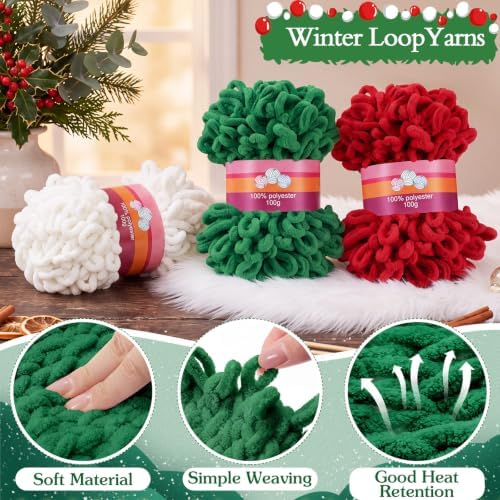 Threlaco 6 Skein Christmas Loop Yarn for Finger Knitting, Red, Green, White - Image 3