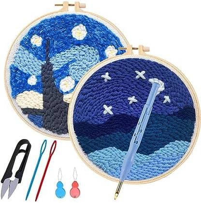 Allazone Punch Needle Embroidery Starter Kits, Pattern Punch Needle Kits Threader Fabric Embroidery, Punch Needle with Adjustable Embroidery Pen for Adults Kids Beginner (Moonlight & Lakeside) by Allazone