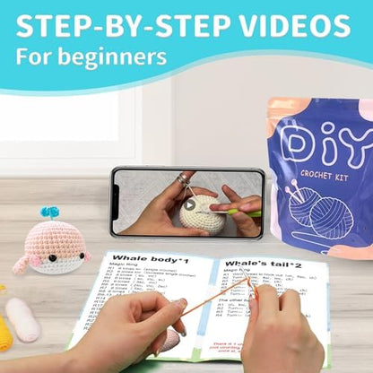 YAMAXIN Crochet Kit for Beginners Adults – 4PCS Animal Amigurumi Yarn Craft Kit with Hooks, Tools & Video Tutorials – DIY Crochet Starter Set (Chick, Whale, Penguin, Bee) - Image 6