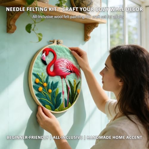 Zovylks Needle Felting Kit for Adults, 7.9 Inch Wool Felt Painting DIY Craft Set for Beginners, Needle Felt Starter Kit with Picture Frame, Foam Pad, Finger Cot (Flamingo) - Image 4