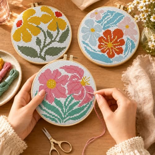 3 Pack Flower Stamped Cross Stitch Kits for Beginners,with Hoop 6x6 inch - Image 5