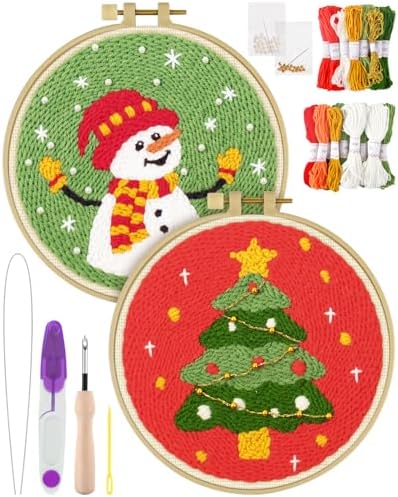 ERKOON Christmas Punch Needle Kit Adults Beginners, 2 Pcs DIY Easy Embroidery Set for Starter Art Craft, Needling Punch Project with Patterns, Tools, Yarns, Hoop, Instruction (ChristmasTree & Snowman) by ERKOON