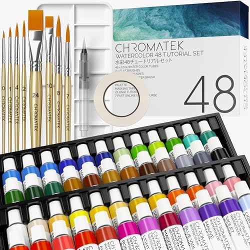 CHROMATEK Watercolor Tutorial Set, 7 Part Video Course, 84 Piece All-In-One Kit, Adults, Beginner & Professional Artists, 48 Watercolor Paint Tubes, 25 Page Workbook, 8 Brushes, Aquapen, Palette, Tape by Chromatek