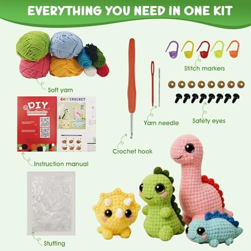 Morcolplus Dinosaur Crochet Kit for Beginners, 4-Pack Amigurumi Dinosaur Crochet Starter Kit with Video Tutorials, DIY Yarn Craft Kit for Adults & Teens, Creative Gift Set - Image 2