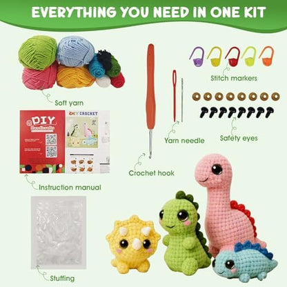 Morcolplus Dinosaur Crochet Kit for Beginners, 4-Pack Amigurumi Dinosaur Crochet Starter Kit with Video Tutorials, DIY Yarn Craft Kit for Adults & Teens, Creative Gift Set - Image 2