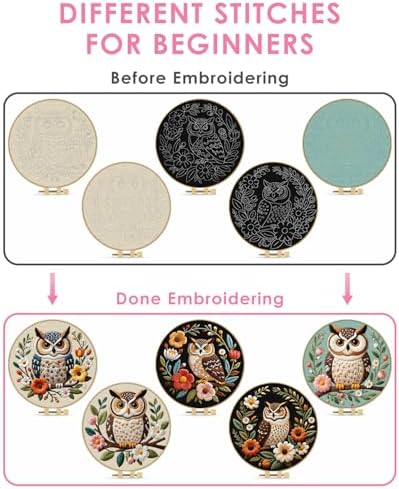 TINDTOP 5 Pack Embroidery Kit for Adult, Embroidery DIY Starter Kit, with Stamped Patterns, Hoop, Tools, Colorful Threads with Needles, Instructions - Image 3
