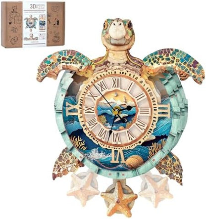 3D Puzzles for Adults, 3D Puzzle Sea Turtle Clock Kit (with Pendulum), Wooden Puzzle for Adults Home Wall Decor Clock Christmas Day Puzzle Gifts for Women Men by RnfinewowWoodenPuzzles