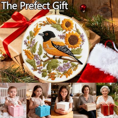Zhenqing Bird Embroidery Kit for Beginners, Songbird & Floral Needlework Craft with Pre-Printed Cotton Fabric, Hoop, Threads & Tools, Garden Decor (C0068) - Image 6