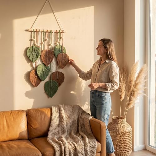 Jditngp DIY Macrame Leaf Wall Hanging Beginners Boho Wall Leaf Tapestry Kit Handmade Woven Tapestry Feather Wall Hanging DIY Macrame Kit for Adults Birthday Gift DIY Craft Kits 11.8" (Green,Brown) - Image 6