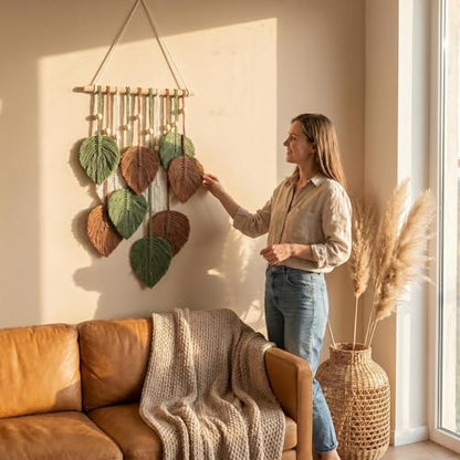 Jditngp DIY Macrame Leaf Wall Hanging Beginners Boho Wall Leaf Tapestry Kit Handmade Woven Tapestry Feather Wall Hanging DIY Macrame Kit for Adults Birthday Gift DIY Craft Kits 11.8" (Green,Brown) - Image 6