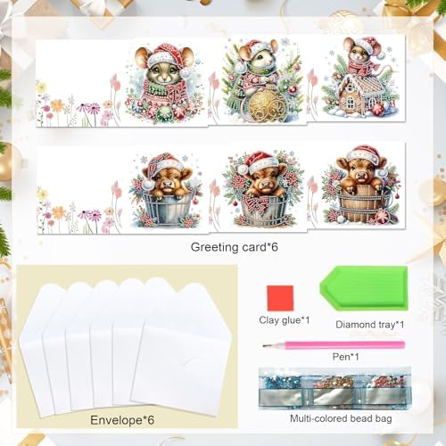 LazyFold 6 Pcs Diamond Art Painting Greeting Cards Kits, DIY Christmas Theme Handmade Festival Greeting Cards with Envelopes Diamond Art Crafts Birthday Cards Creative Gift - Image 3
