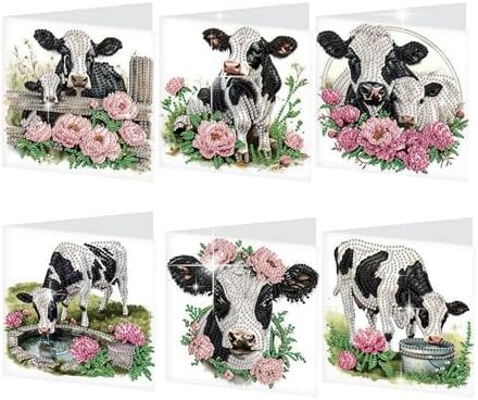 antor 6 Pack DIY Diamond Art Greeting Cards with Envelopes, Special Shaped Rhinestone Diamond Painting Card Kit, Cute Cow Animal Design for Adults Birthday Thank You Greeting by antor