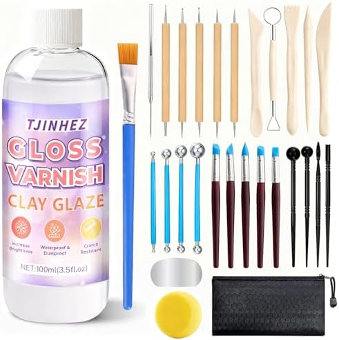 100ml Air Dry Clay Glaze and 29pcs Clay Tools Kit - Waterproof Scratch-Resistant Gloss Varnish Protects from Wear/Cracking, Pottery Tools for Stippling, Carving, Molding & Shaping Clay Crafts by Unknown