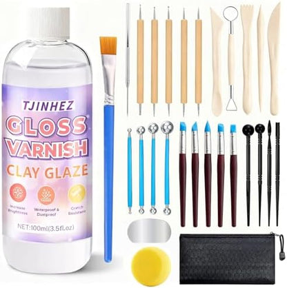 100ml Air Dry Clay Glaze and 29pcs Clay Tools Kit - Waterproof Scratch-Resistant Gloss Varnish Protects from Wear/Cracking, Pottery Tools for Stippling, Carving, Molding & Shaping Clay Crafts by Unknown
