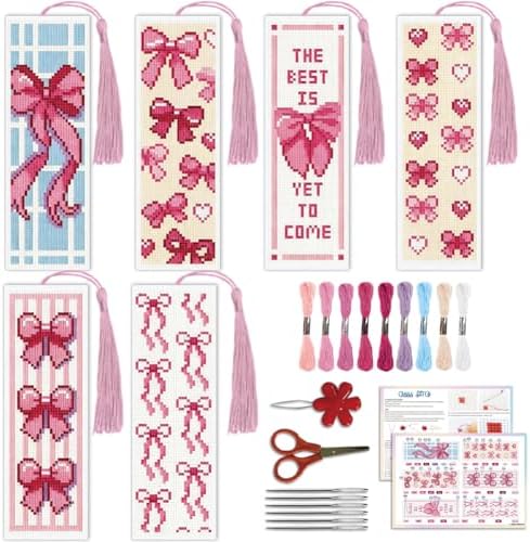 ACRNIGHEET 6PCS Cross Stitch Bookmark Kit for Beginner Cute Pink Bow Stamped Cross Stitch Kits Needlepoint Kit for Adults DIY Tassel Embroidery Bookmark Kits with Instructions Craft Gift 8.5"x3" 11CT by ACRNIGHEET