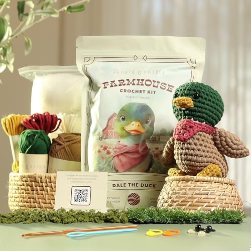 Amigurumi Crochet Kit for Beginners Adults and Kids, Learn to Crochet Kits for Adults Beginner with Easy Yarn, Stuffed Crochet Animal Kit with Step-by-Step Video Tutorials - Dale the Duck by HearthHarbor