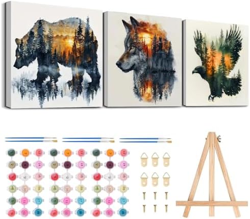 3 Pack Framed Paint by Numbers for Adult with Easel Wild Animals (8x8in) by MeothanDiamondPainting