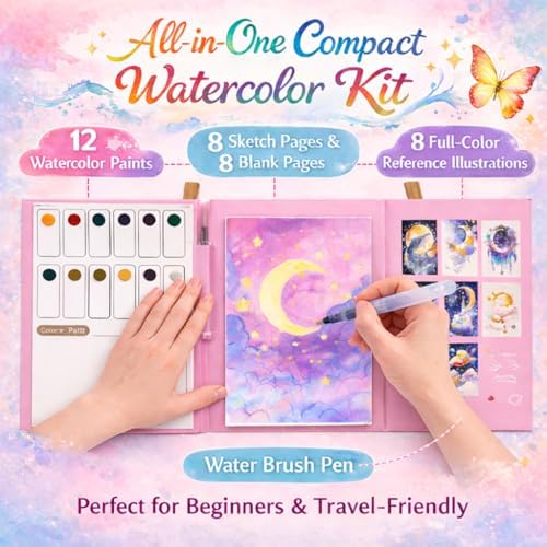 2026 Breathly Stress Relief Watercolor Books Painting Kit, All-in-One DIY Watercolor Art Kit, Paint-with-Water Portable Painting Art Book with 12-Color Pigment Dot Card & Water Brush Pen, Tri-Fold Pocket Painting Set, Relaxing Creative Kit for Beginner... - Image 3