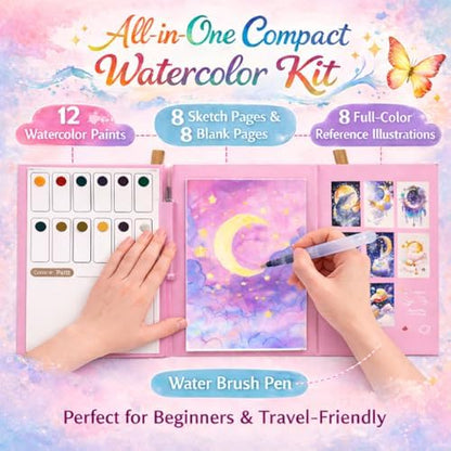 2026 Breathly Stress Relief Watercolor Books Painting Kit, All-in-One DIY Watercolor Art Kit, Paint-with-Water Portable Painting Art Book with 12-Color Pigment Dot Card & Water Brush Pen, Tri-Fold Pocket Painting Set, Relaxing Creative Kit for Beginner... - Image 3
