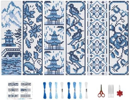 BEUNITONE Cross Stitch Bookmark Kit 6 Pcs Watercolor DIY Bookmarks Cross Stitch Kits for Beginners Birds Flower Stamped Embroidery Bookmark with Landscape Patterns Craft Kit for Gifts 8''x2.4'' by BEUNITONE