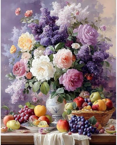 Still Life with Fruits and Flowers Paint by Numbers Kits for Adults, Paint by Number Beginner, Flower, Canvas Painting by Numbers for Adults, Easy Oil Painting Kits for Gifts Home Decor 16x20 Inch by NEWENMO