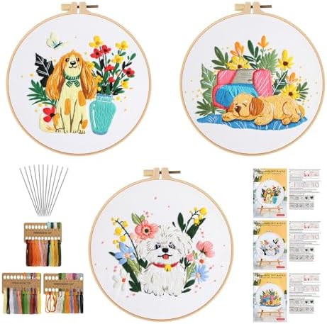 GLTAYLMY Cute Dogs Embroidery Kit for Beginners with Pattern and Instructions,3 Pack Cross Stitch Kits,1 Plastic Embroidery Hoops,Threads and Needles,Needlepoint Kit for Adults by GLTAYLMYFortuneSmilesonJoyfulTradingwithEveryone
