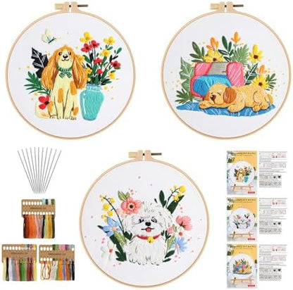 GLTAYLMY Cute Dogs Embroidery Kit for Beginners with Pattern and Instructions,3 Pack Cross Stitch Kits,1 Plastic Embroidery Hoops,Threads and Needles,Needlepoint Kit for Adults by GLTAYLMYFortuneSmilesonJoyfulTradingwithEveryone