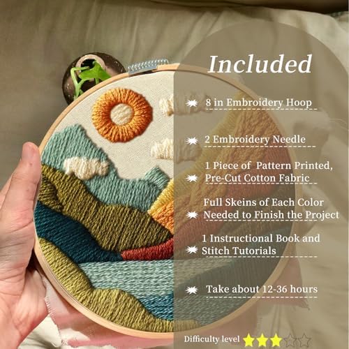 FONNUY Embroidery Kit for Beginners, Textured Vibrant Nature Landscape Pre-Stamped Pattern Kits for Adults with Hoop, Easy to Follow Color Thread Needlework, 8'' Hoop (Green 1) - Image 2