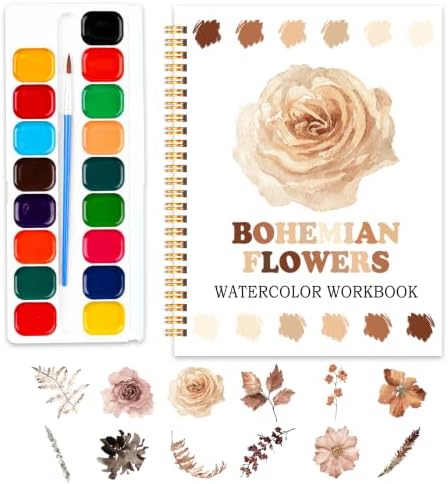 Bohe Flowers Watercolor Workbook, Water Coloring Book, 12 Patterns, 18 Colors Watercolor Paint Set, Boho Floral Watercolor Kit for Beginners, Stress Relief Gifts for Women by SHLINCO