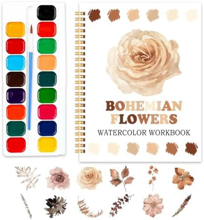 Bohe Flowers Watercolor Workbook, Water Coloring Book, 12 Patterns, 18 Colors Watercolor Paint Set, Boho Floral Watercolor Kit for Beginners, Stress Relief Gifts for Women by SHLINCO