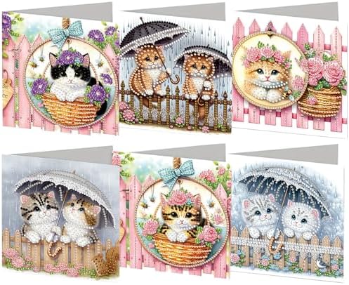 6pcs Rose Cats with Umbrella Diamond Art Painting Greeting Cards Kit with Envelopes, 5D DIY Special Shaped Card Making Kits for Adults, Holiday Birthday Postcards, Creative Craft Gifts by Unknown